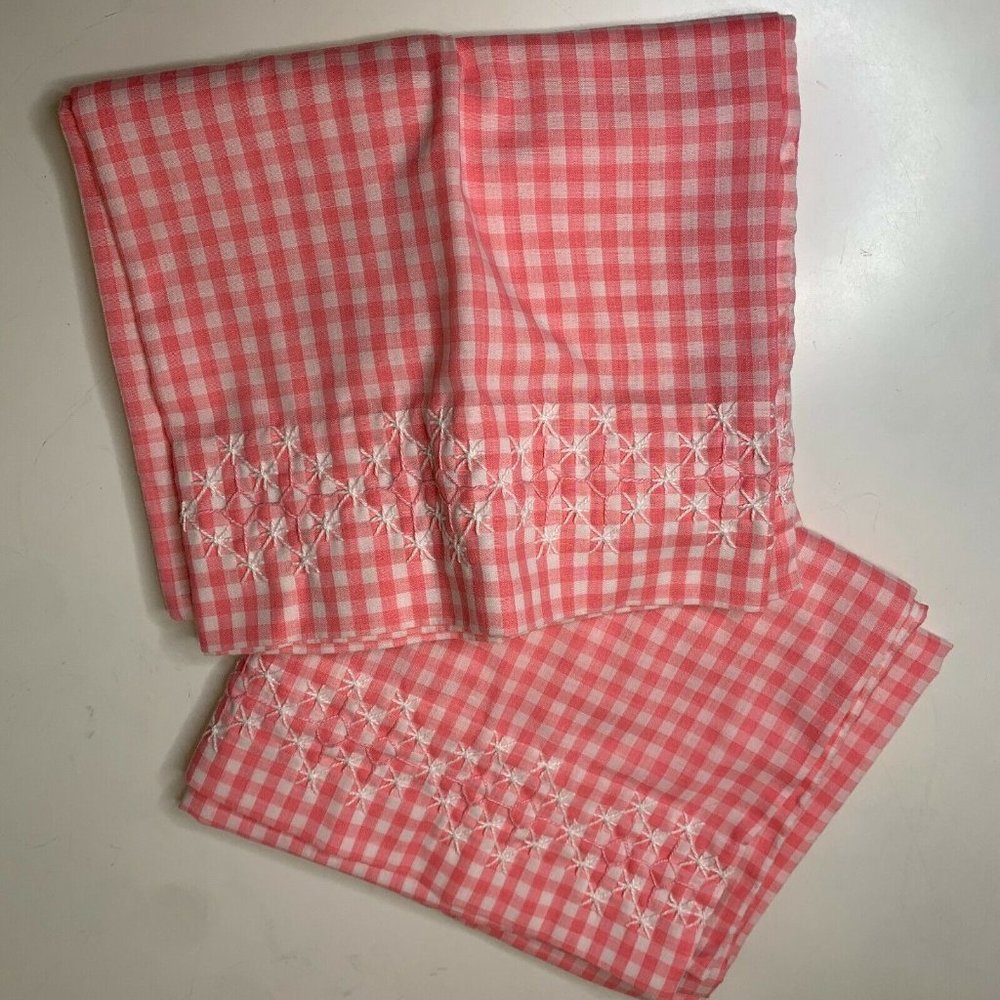 vintage pillowcase pair pink white checkered print